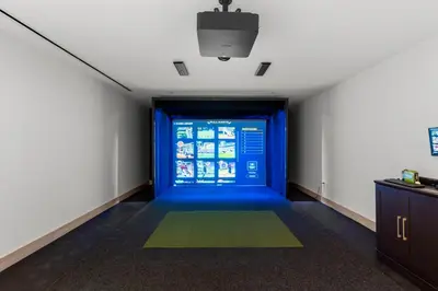a hallway with a blue door in a room at Central Downtown Miami at District 225 Luxury Residence in Miami