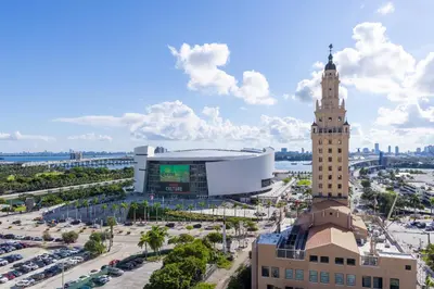 a view of a city with a clock tower at 2105 Modern studio with Balcony a Pool and a 24 hour Gym in Downtown Miami in Miami
