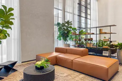 a living room with a brown couch and plants at 4612 High-Floor Studio w Skyline View and a 24-hour Gym in Downtown Miami in Miami