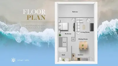 a flyer of a floor plan of a house at Great views Apartment with Pool & Balcony in Hallandale Beach