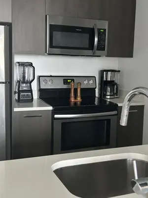 a kitchen with a stove and a microwave at Miami-Brickell Skyline Luxury High Rise 2BR-2BATH - walking distance to KASEYA - HEAT ARENA - BAYSIDE - PORT OF MIAMI CRUISE SHIPS in Miami