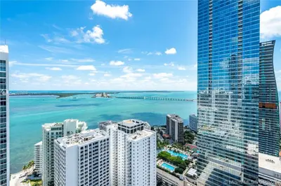 an aerial view of a city with buildings and the ocean at Luxury Brickell 3BD Free Parking - Pool - Bay View in Miami