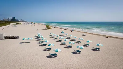 a group of chairs and umbrellas on a beach at Casa Collins in Miami Beach
