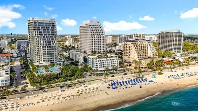 an aerial view of a beach and buildings at Fort Lauderdale Beach Luxury - Ocean View Condo in Fort Lauderdale