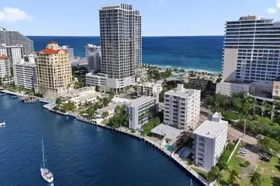 an aerial view of a city next to the water at Fort Lauderdale Waterfront Condo! Pool and Marina Views in Fort Lauderdale