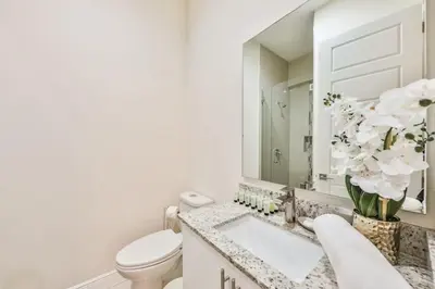 a bathroom with a toilet and a sink and a mirror at Supremacy Villa STR-6110 in Davie
