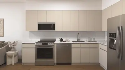 a kitchen with white cabinets and stainless steel appliances at New Luxury Hotel in Edgewater • 3 Suites • Rooftop Pool Sense28 by AvantStay in Miami