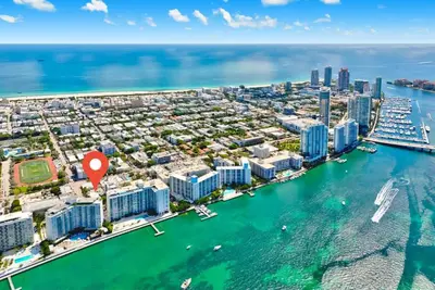 an aerial view of a city with a harbor at Modern Miami Beach Studio with King Bed in Miami Beach