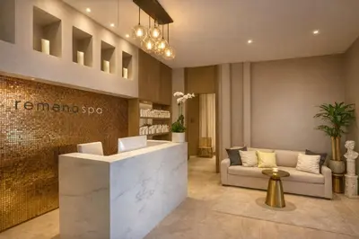 a lobby with a reception desk in a building at Lyfe Resort Ocean View Gym Direct Beach Access in Hollywood