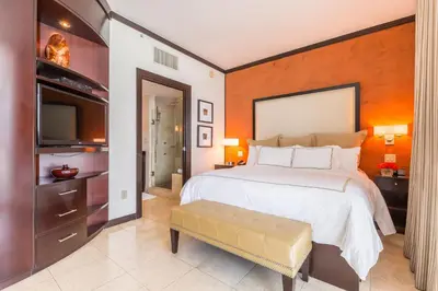 a bedroom with a large bed and a flat screen tv at SBV Luxury Ocean Hotel Suites in Miami Beach