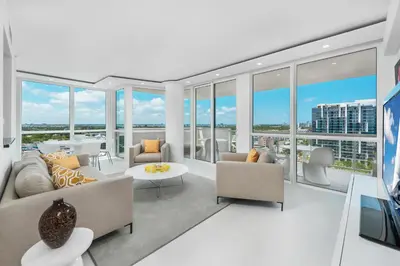 an open living room with views of the city at 4B Super Premium Private Condo at the Setai in Miami Beach