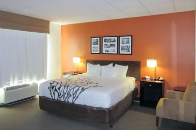 a hotel room with a large bed and a chair at Sleep Inn & Suites Ft Lauderdale International Airport in Dania Beach