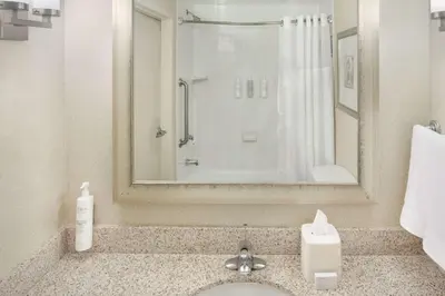 a bathroom with a sink with a shower and a mirror at Hilton Garden Inn Miami Airport West in Miami