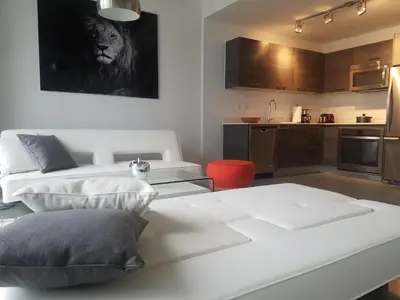 a living room with two beds and a kitchen at Downtown Miami Deluxe Apartment in Miami