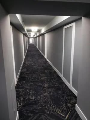 a hallway with a long carpeted corridor at 2 Bedroom 2 Bath Beachfront Condo on Miami Beach Millionaire Row in Miami Beach