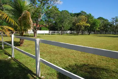 a white fence in a field with a palm tree at La Finca in Miami