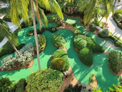 an aerial view of a pool of green water with palm trees at The Lago Mar Beach Resort and Club in Fort Lauderdale
