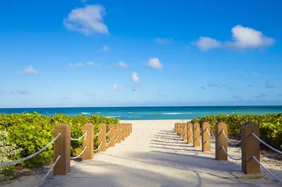 a pathway to the beach with the ocean in the background at Oceanview Private Condo at 1 Hotel & Homes -915 in Miami Beach
