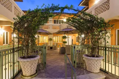 a patio with two large pots with trees in them at Sun Harbour Boutique Hotel in Miami Beach
