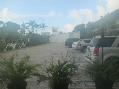 a parking lot with parked cars and palm trees at Shalimar Motel in Miami