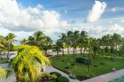 a view of a park with palm trees and a pool at Eurostars Winter Haven Miami Beach in Miami Beach
