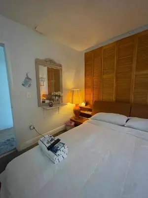 a bedroom with a large white bed and a mirror at Habitación Céntrica calle 8 Miami in Miami