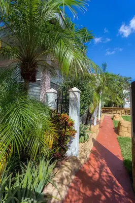 a garden with palm trees and a red sidewalk at Richard's Motel in Hollywood