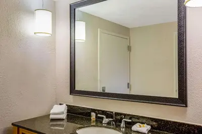 a bathroom with a sink and a large mirror at La Quinta by Wyndham Miami Lakes in Miami Lakes