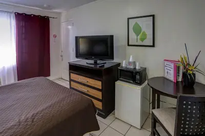 a bedroom with a bed and a desk with a television at Richard's Hotel in Hollywood