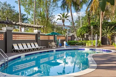 a swimming pool with chairs and a umbrella and palm trees at La Quinta by Wyndham Ft. Lauderdale Plantation in Plantation