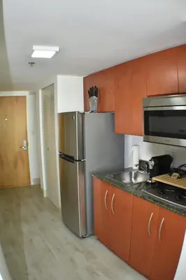a kitchen with a stainless steel refrigerator and a sink at Centric Modern, Stylish Brickell / Miami + FREE Parking in Miami