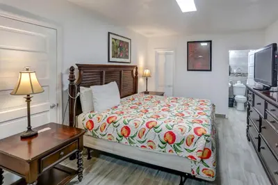 a bedroom with a bed and a table and a television at Richard's Motel Courtyard in Hollywood