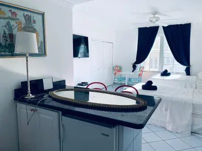 a bathroom with a large oval sink on a counter at Beachfront Ocean Dr white sand paradise SoBe 311 in Miami Beach