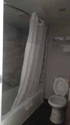 a bathroom with a toilet and a shower curtain at Super 8 Motel by Wyndham near Fort Lauderdale Arpt in Dania Beach