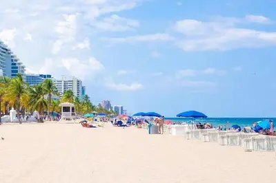 a beach with chairs and umbrellas and people on it at Large Lush Oasis Paradise by FLL Beach and Galleria - 2bd 2ba in Fort Lauderdale