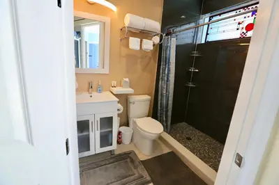 a bathroom with a toilet and a sink and a shower at Fantasy Island Inn, Caters to Men in Fort Lauderdale