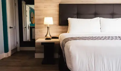 a bedroom with a bed and a lamp on a table at Colony Hotel in Miami Beach