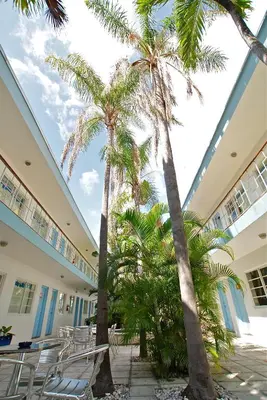 a courtyard with palm trees and chairs in a building at Aqua Hotel & Suites in Miami Beach