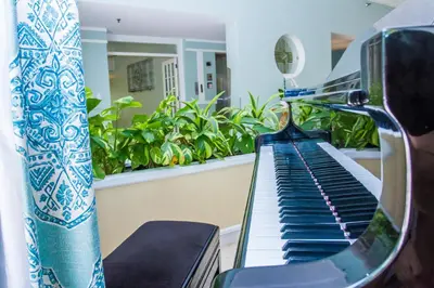 a piano sitting on a balcony with plants at Dorchester Hotel & Suites in Miami Beach