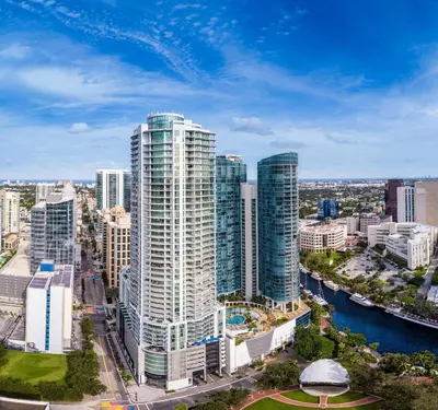 an aerial view of a city with tall buildings at Hyatt Centric Las Olas Fort Lauderdale in Fort Lauderdale