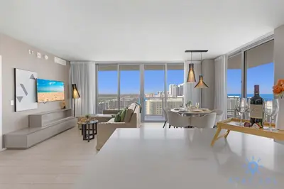 a living room with a view of the ocean at Wrap Around Balcony - Paradise Beach - Amazing Pools in Hollywood