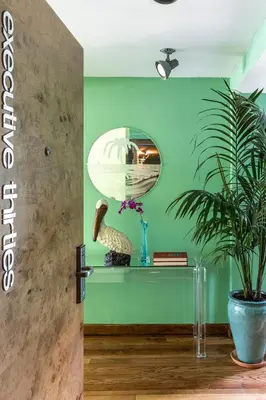 a room with a table with a plant and a mirror at Pelican Hotel in Miami Beach