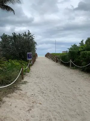 a dirt road leading to a beach with a sign on it at Dream Studio on the Beach in Miami Beach