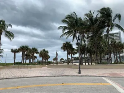 an empty street with palm trees and a building at Dream Studio on the Beach in Miami Beach