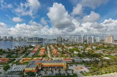 an aerial view of a city with a harbor at 2 BR Luxury Suite in Marenas Beach Resort 2508 condo in Miami Beach