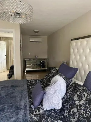 a bedroom with a large bed with purple pillows at LUXURY Guayabita's House in Miami