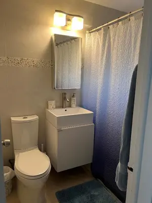 a bathroom with a toilet and a sink and a mirror at LUXURY Guayabita's House in Miami