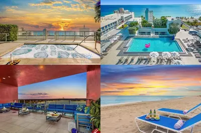 a collage of photos of a resort with a pool at Rooftop Pool - Hot Tub -Hollywood Beach Boardwalk in Hollywood