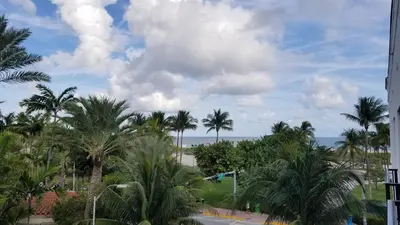 a view of palm trees and the ocean from a building at VERSACE MANSION VIEW SUITE at THE STRAND in Miami Beach