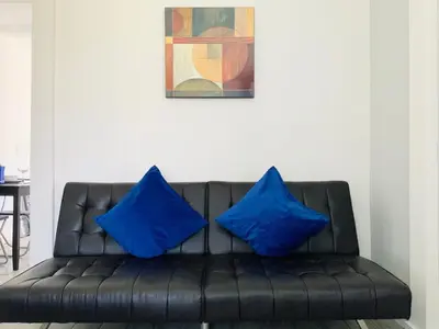 two blue pillows sitting on a black leather couch at Adorable private apartments in the Heart of Miami! in Miami